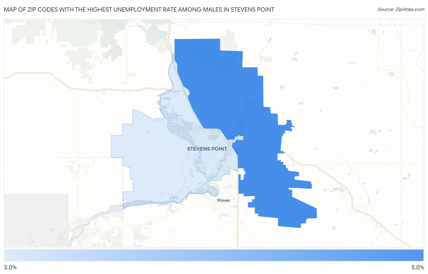 Zip Codes with the Highest Unemployment Rate Among Males in Stevens Point Map