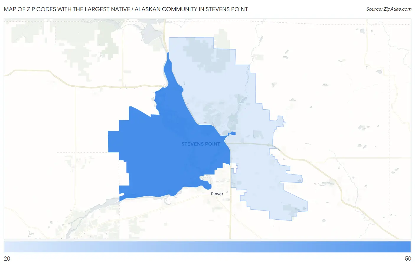 Zip Codes with the Largest Native / Alaskan Community in Stevens Point Map