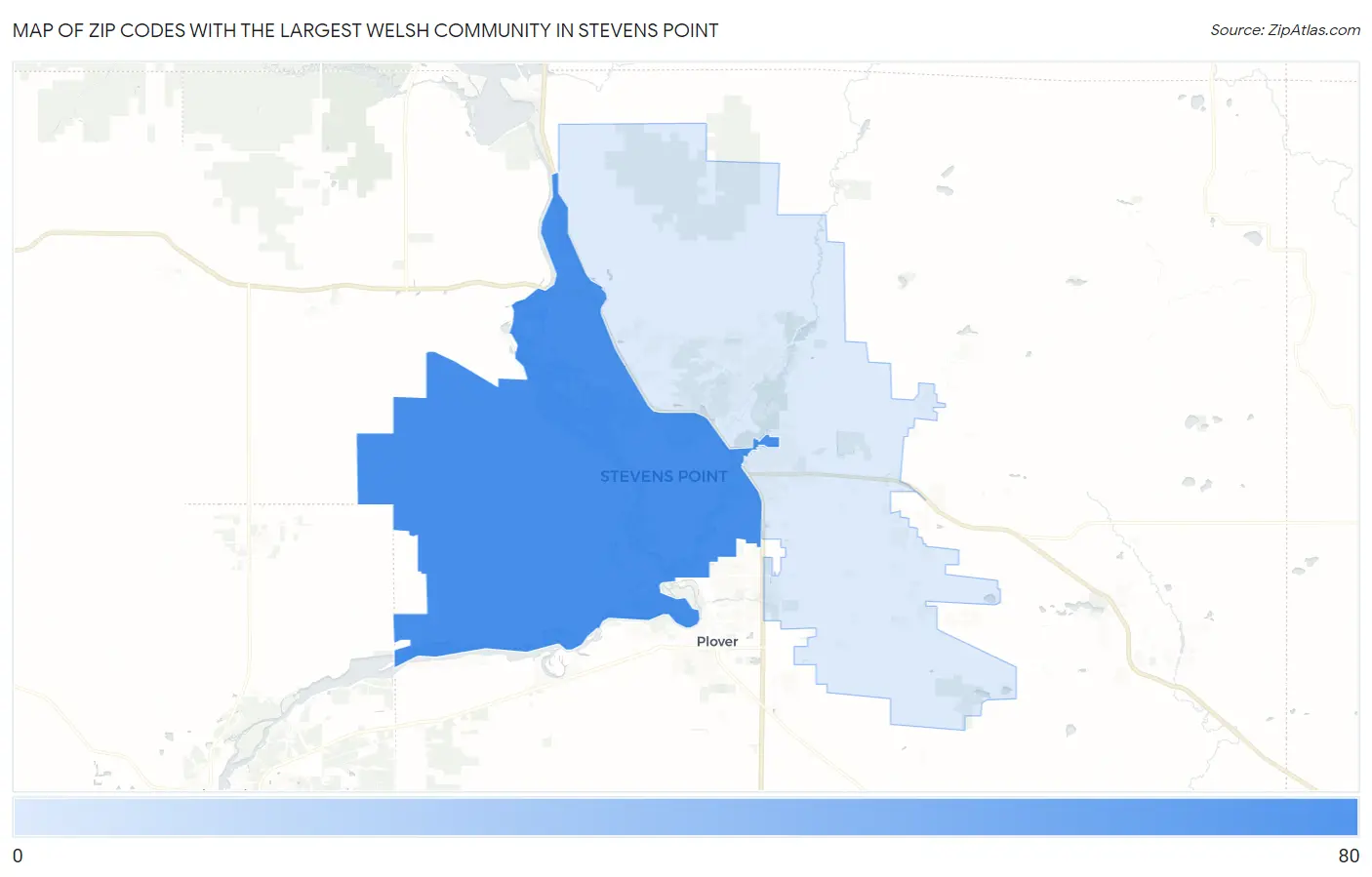 Zip Codes with the Largest Welsh Community in Stevens Point Map