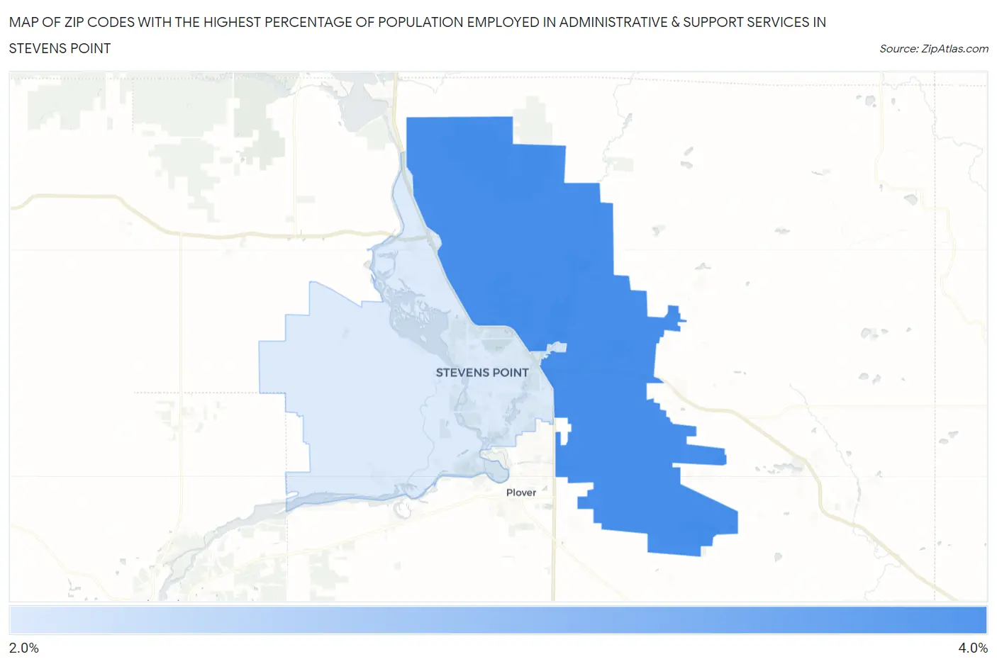 Zip Codes with the Highest Percentage of Population Employed in Administrative & Support Services in Stevens Point Map
