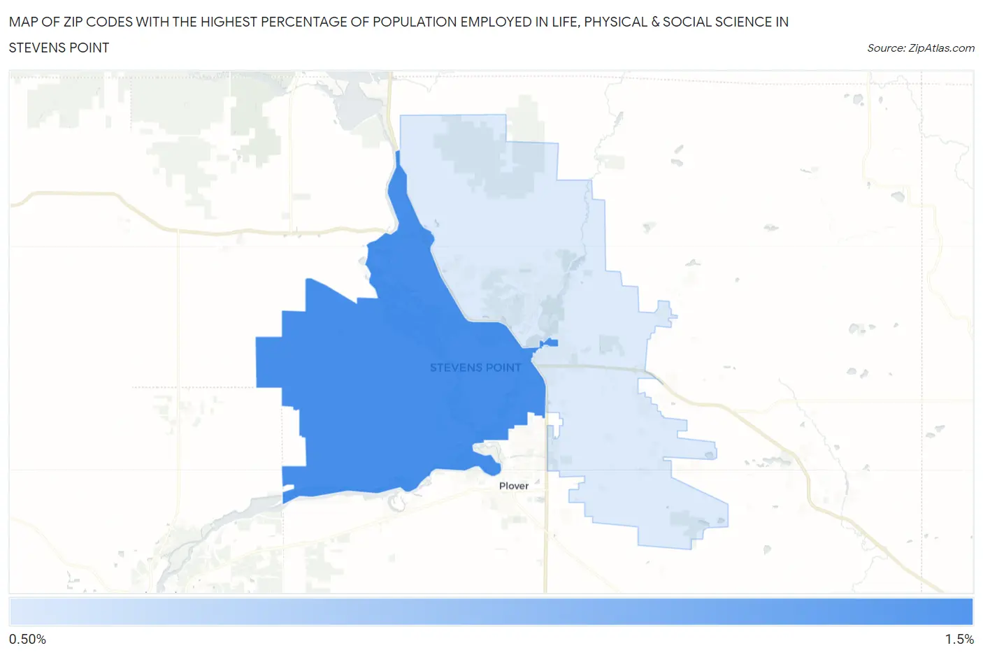 Zip Codes with the Highest Percentage of Population Employed in Life, Physical & Social Science in Stevens Point Map