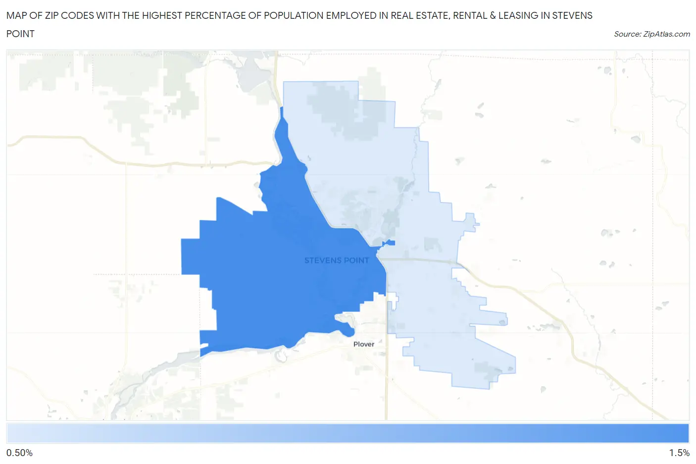 Zip Codes with the Highest Percentage of Population Employed in Real Estate, Rental & Leasing in Stevens Point Map