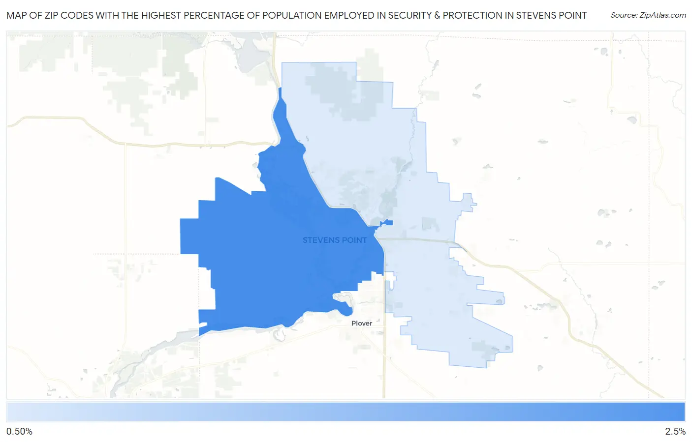 Zip Codes with the Highest Percentage of Population Employed in Security & Protection in Stevens Point Map