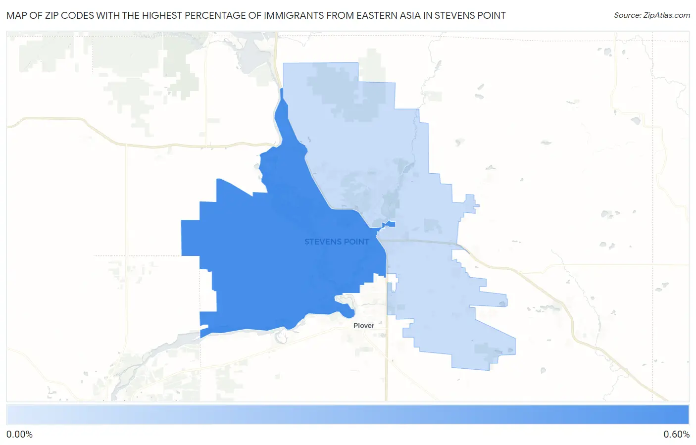 Zip Codes with the Highest Percentage of Immigrants from Eastern Asia in Stevens Point Map