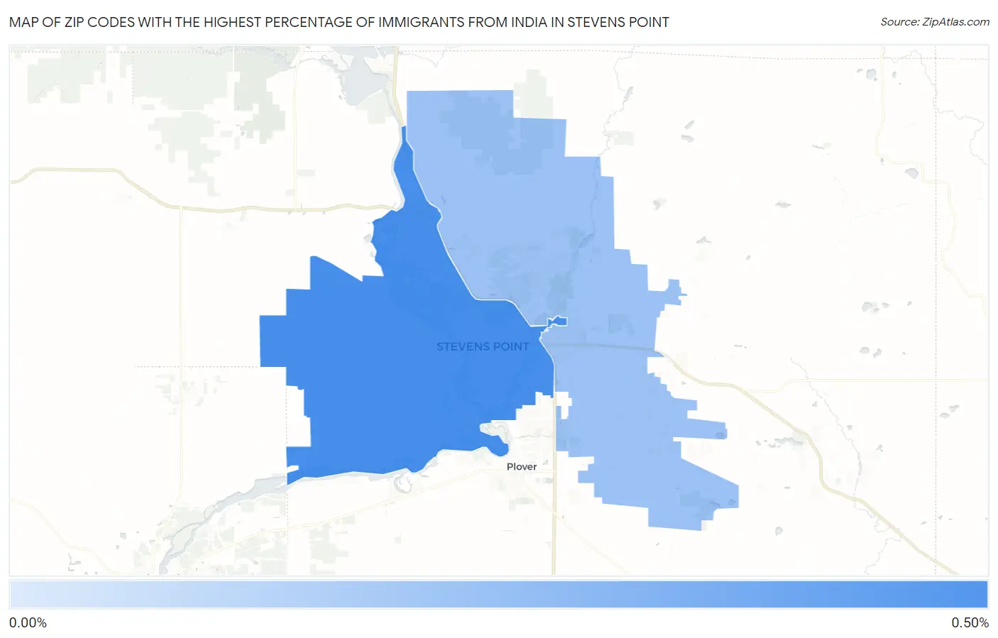 Zip Codes with the Highest Percentage of Immigrants from India in Stevens Point Map