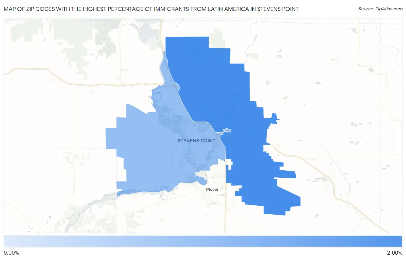 Zip Codes with the Highest Percentage of Immigrants from Latin America in Stevens Point Map