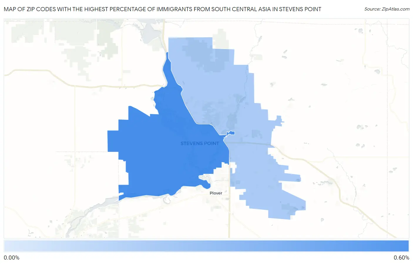 Zip Codes with the Highest Percentage of Immigrants from South Central Asia in Stevens Point Map