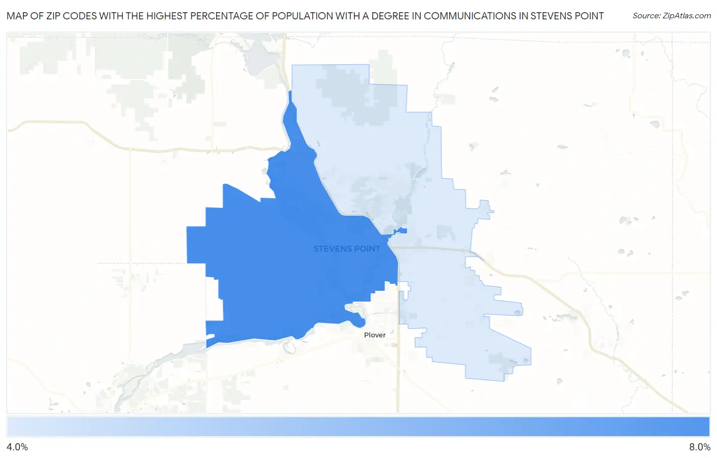 Zip Codes with the Highest Percentage of Population with a Degree in Communications in Stevens Point Map