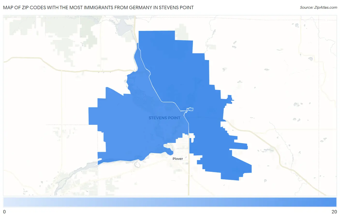 Zip Codes with the Most Immigrants from Germany in Stevens Point Map