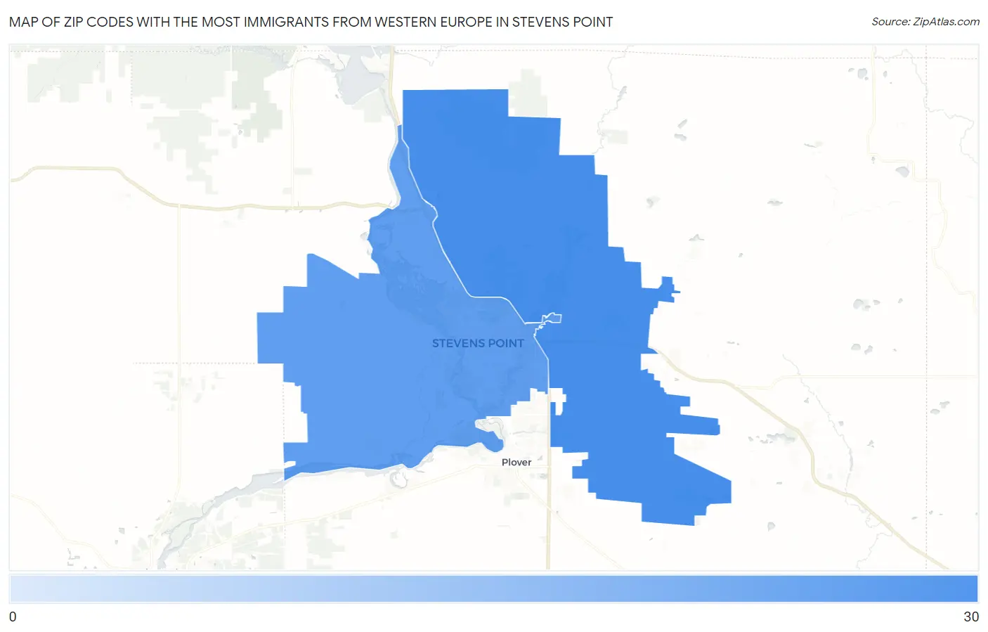 Zip Codes with the Most Immigrants from Western Europe in Stevens Point Map