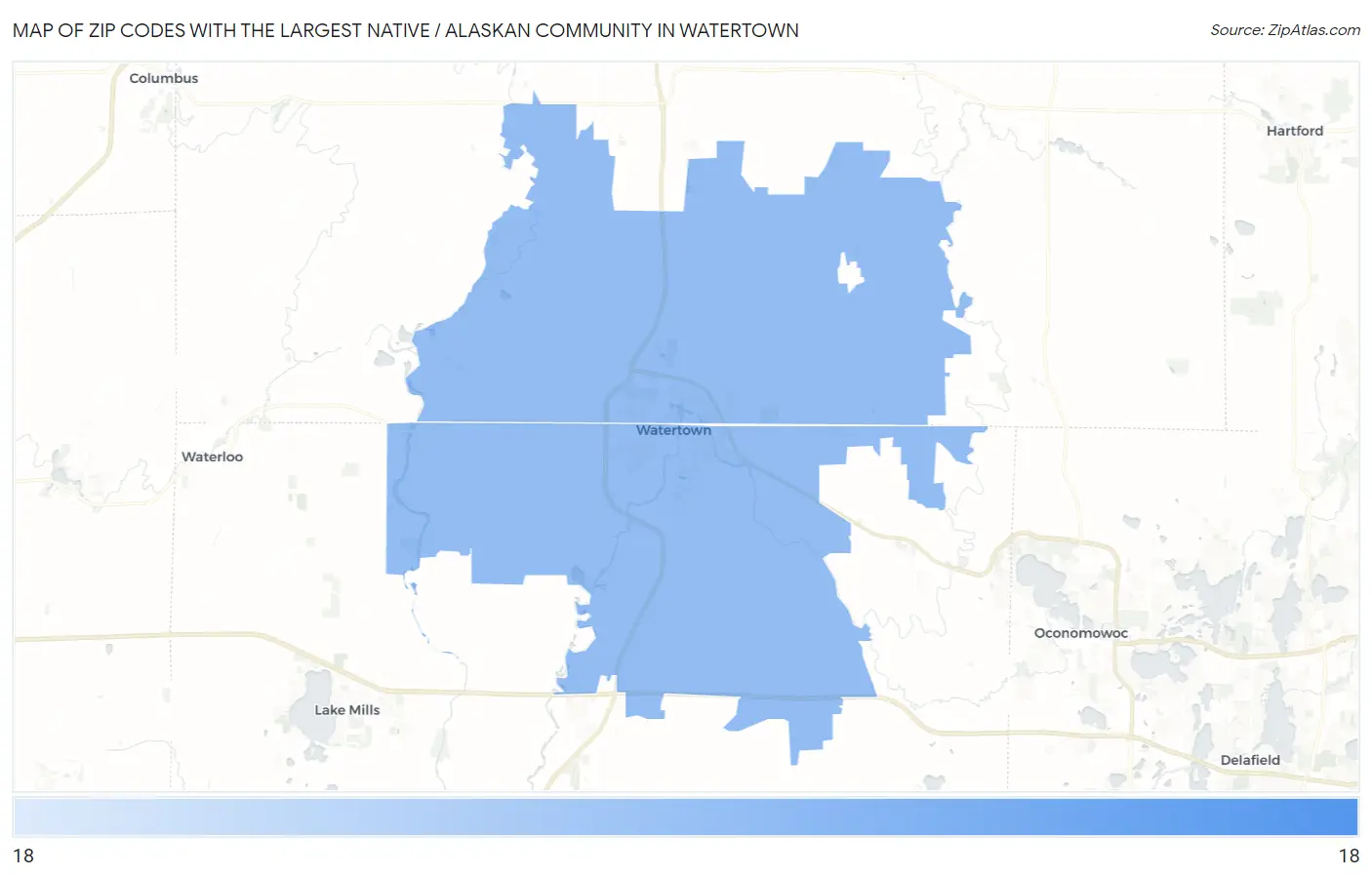 Zip Codes with the Largest Native / Alaskan Community in Watertown Map