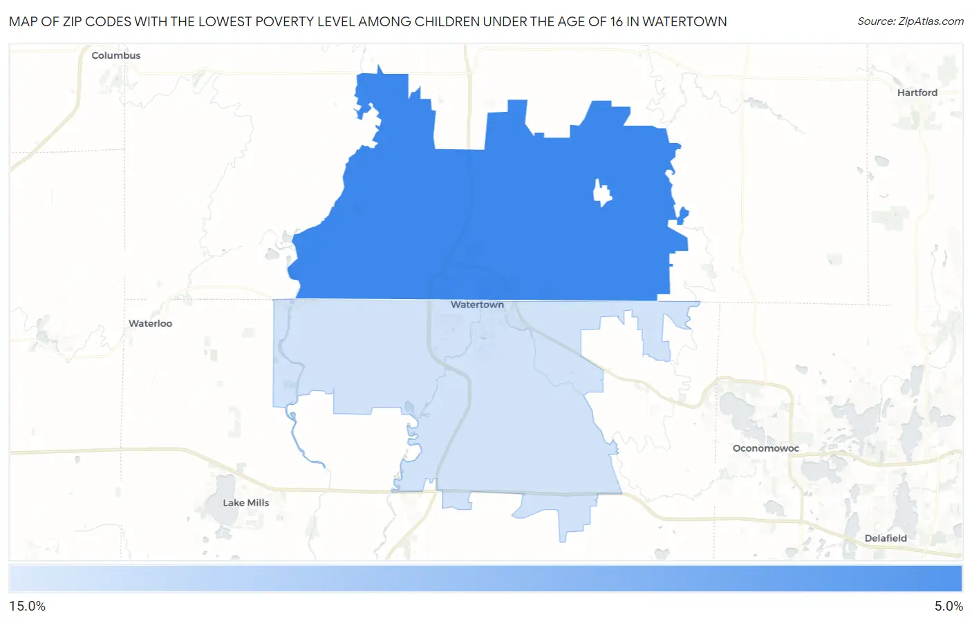Zip Codes with the Lowest Poverty Level Among Children Under the Age of 16 in Watertown Map