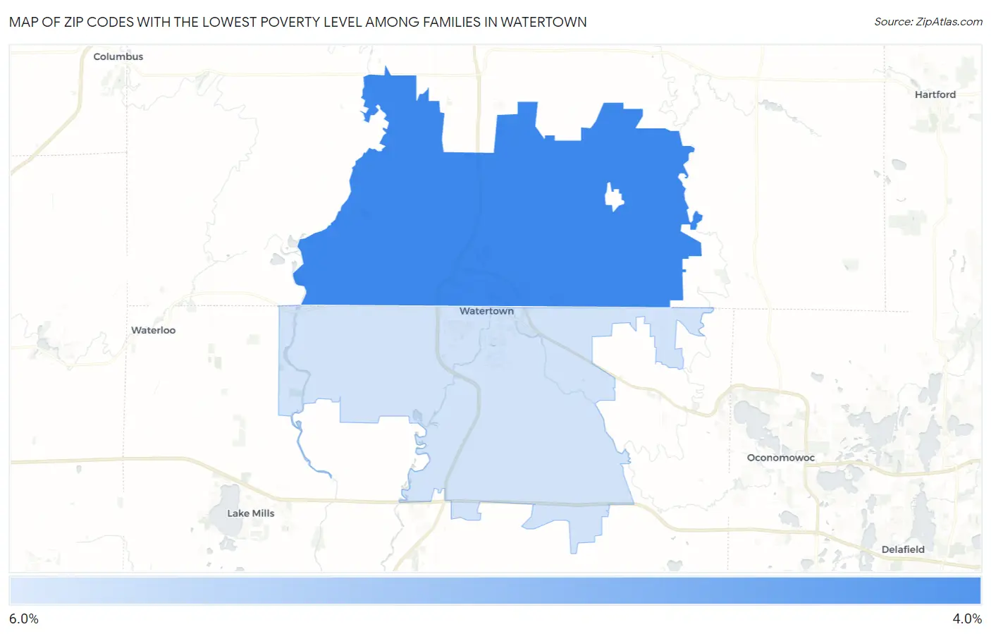 Zip Codes with the Lowest Poverty Level Among Families in Watertown Map