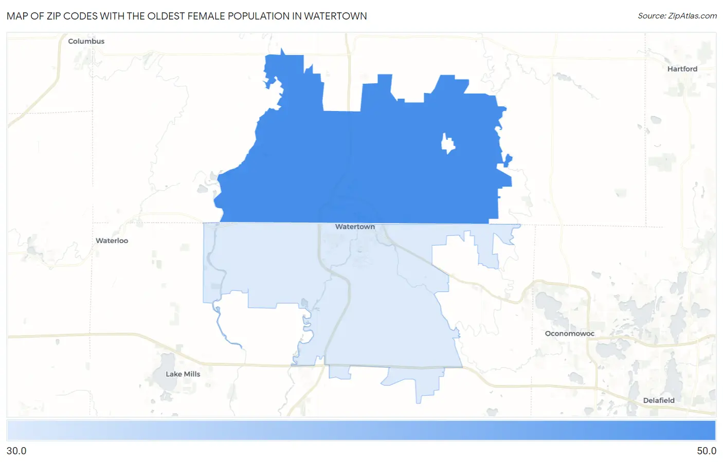 Zip Codes with the Oldest Female Population in Watertown Map