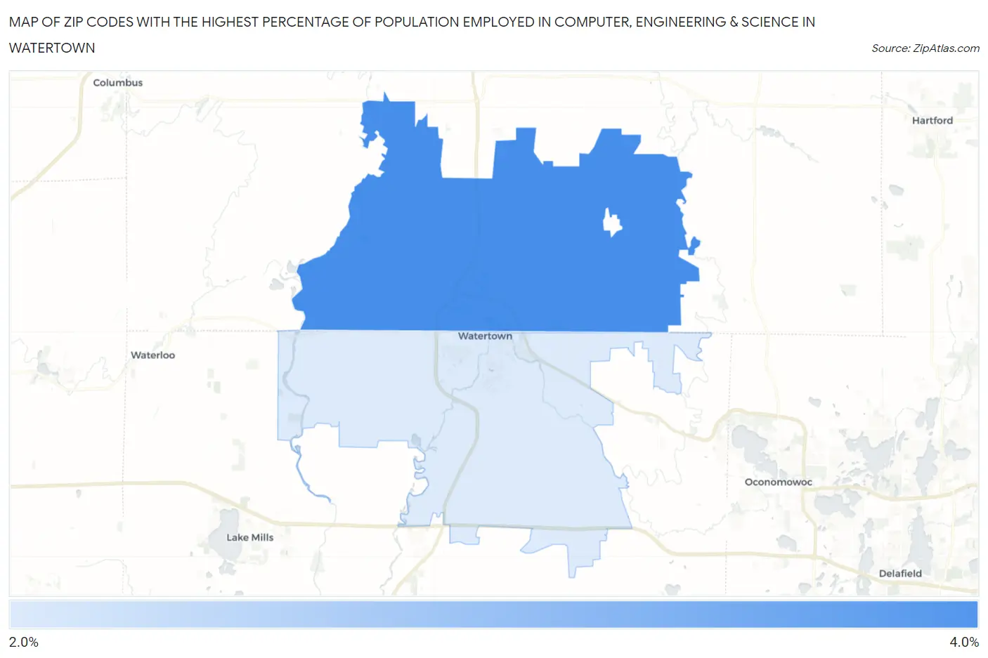 Zip Codes with the Highest Percentage of Population Employed in Computer, Engineering & Science in Watertown Map