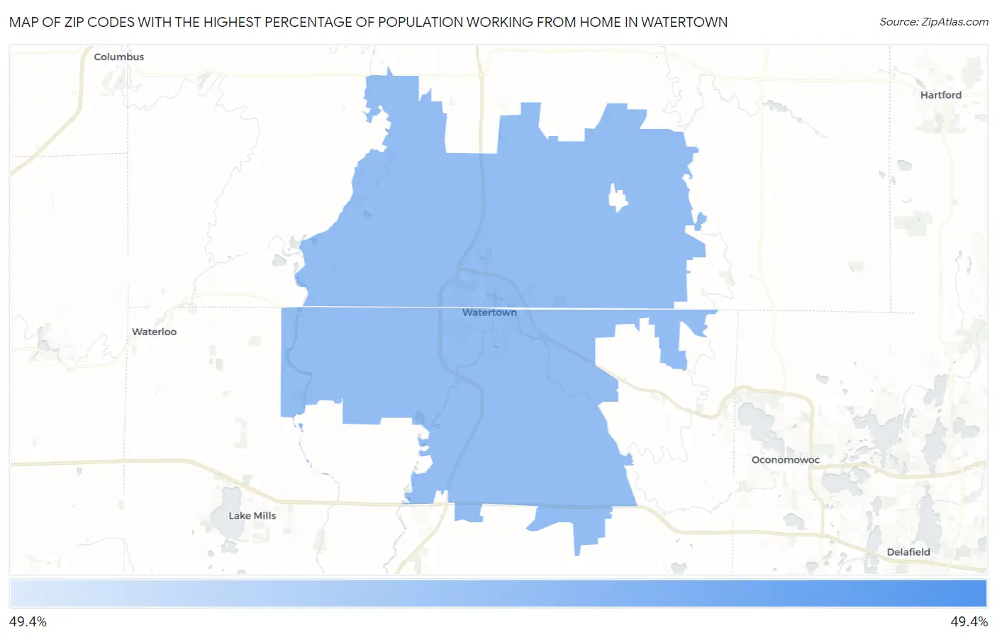 Zip Codes with the Highest Percentage of Population Working from Home in Watertown Map