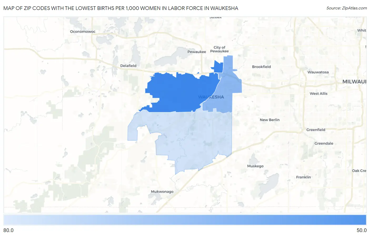 Zip Codes with the Lowest Births per 1,000 Women in Labor Force in Waukesha Map