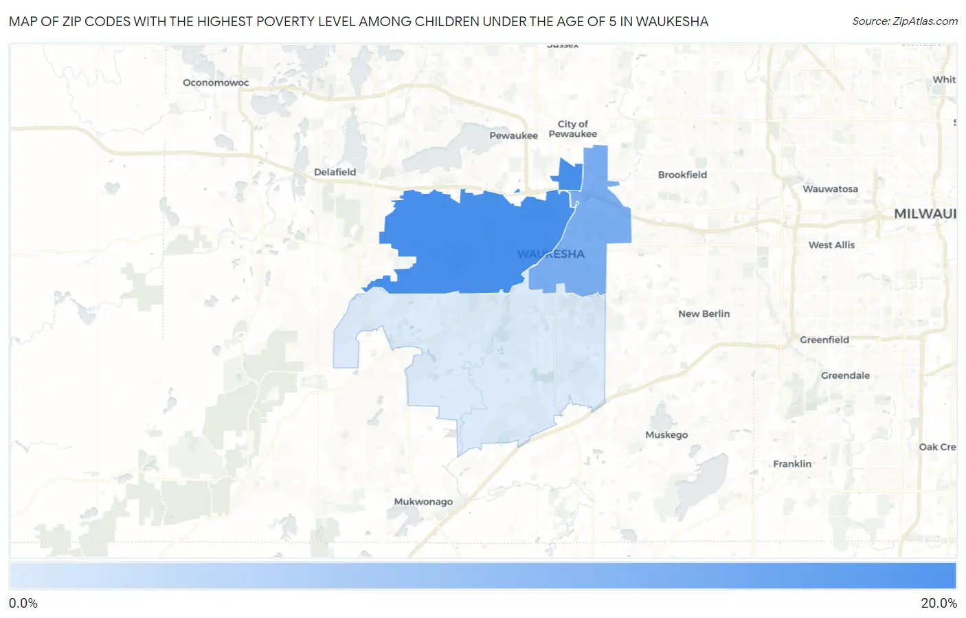 Zip Codes with the Highest Poverty Level Among Children Under the Age of 5 in Waukesha Map