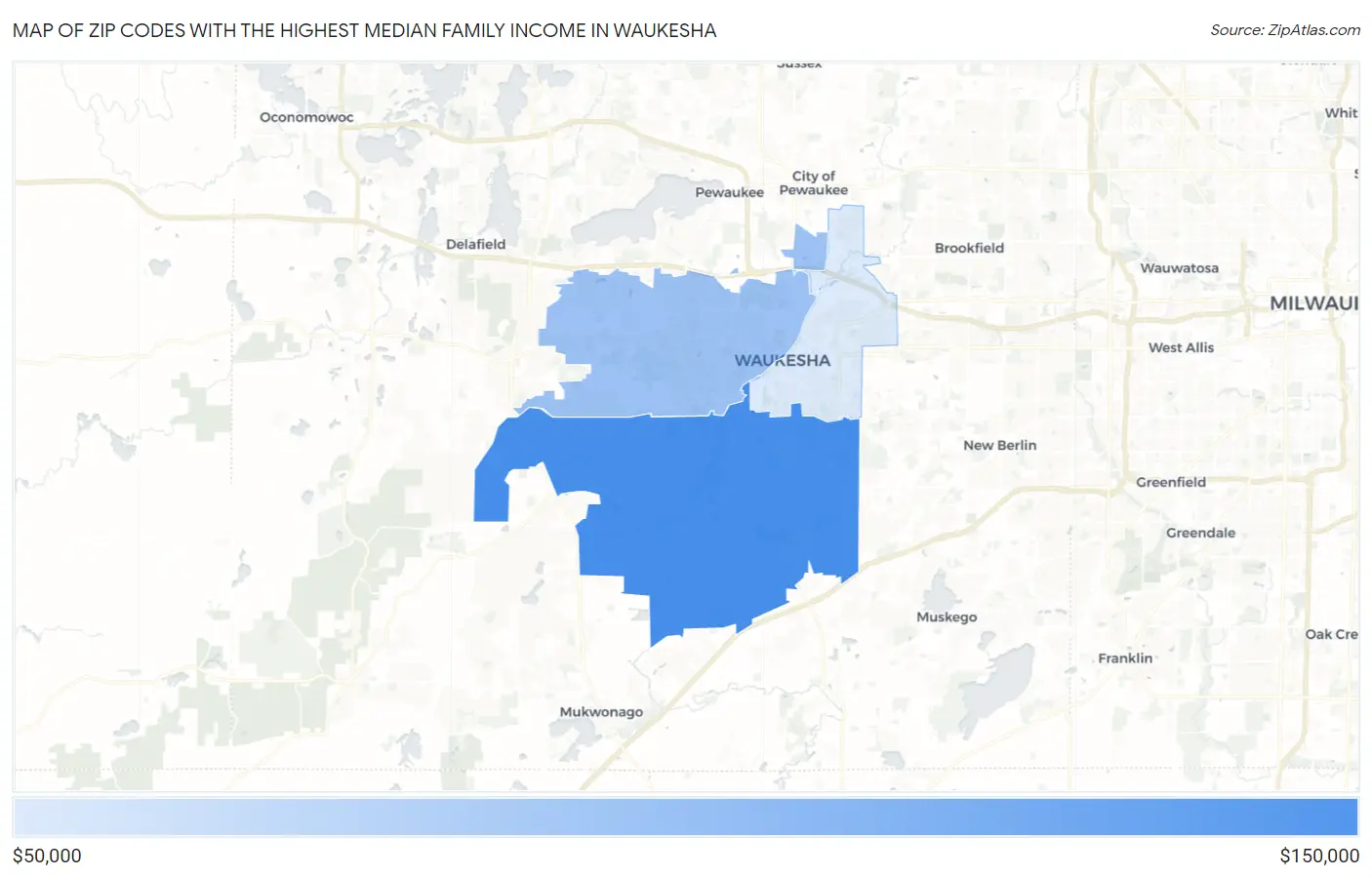 Zip Codes with the Highest Median Family Income in Waukesha Map