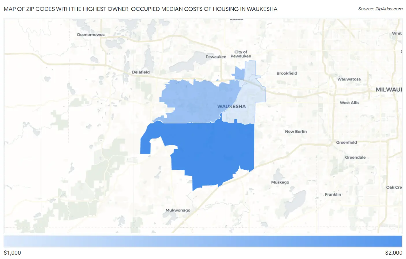 Zip Codes with the Highest Owner-Occupied Median Costs of Housing in Waukesha Map