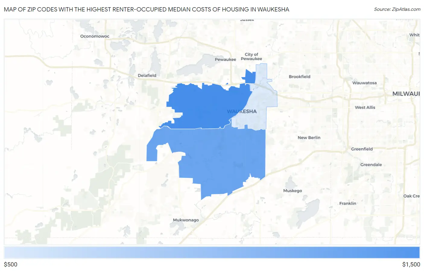 Zip Codes with the Highest Renter-Occupied Median Costs of Housing in Waukesha Map