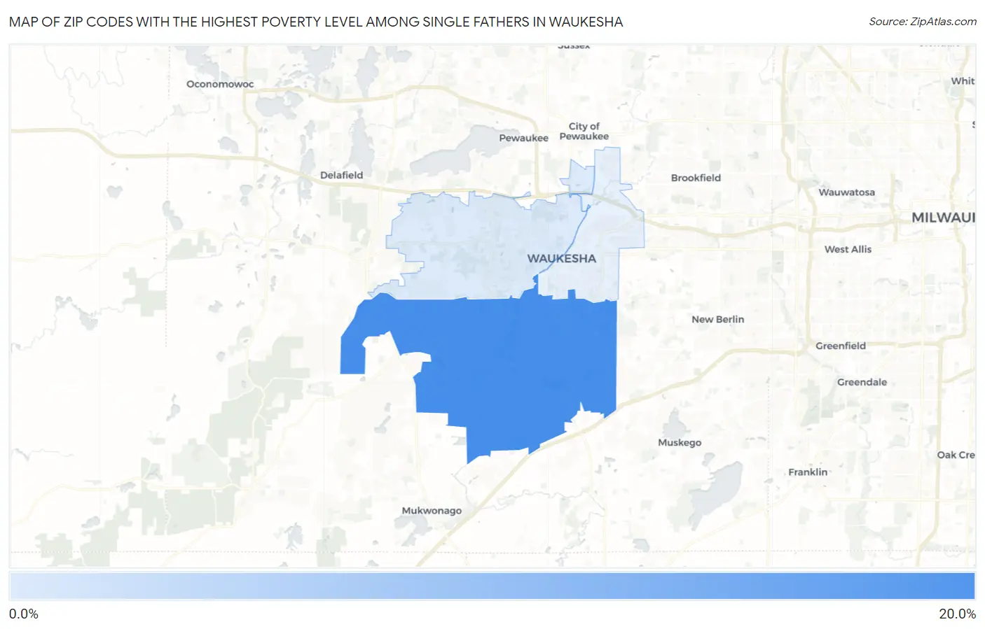 Zip Codes with the Highest Poverty Level Among Single Fathers in Waukesha Map