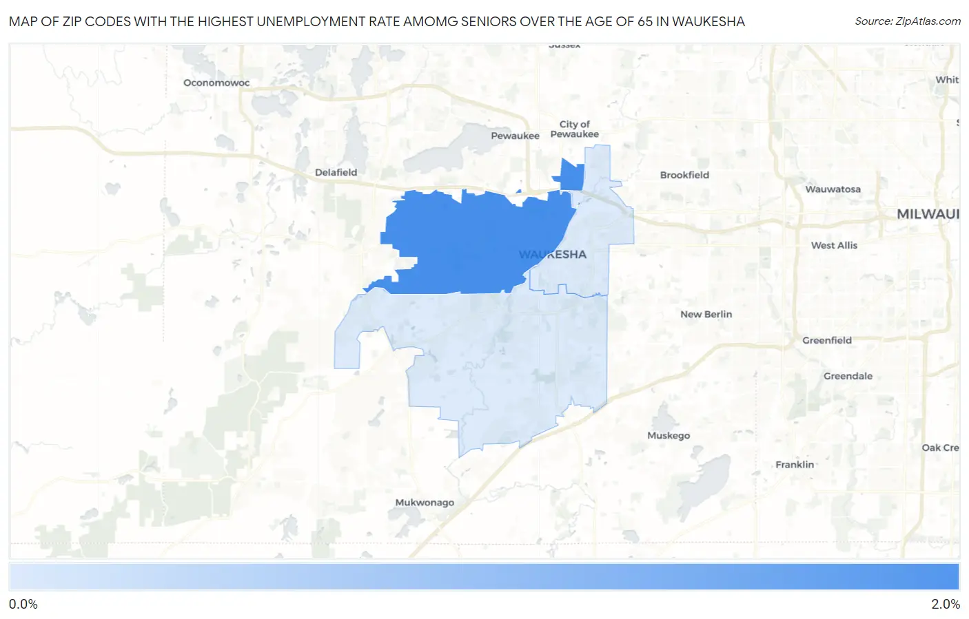 Zip Codes with the Highest Unemployment Rate Amomg Seniors Over the Age of 65 in Waukesha Map