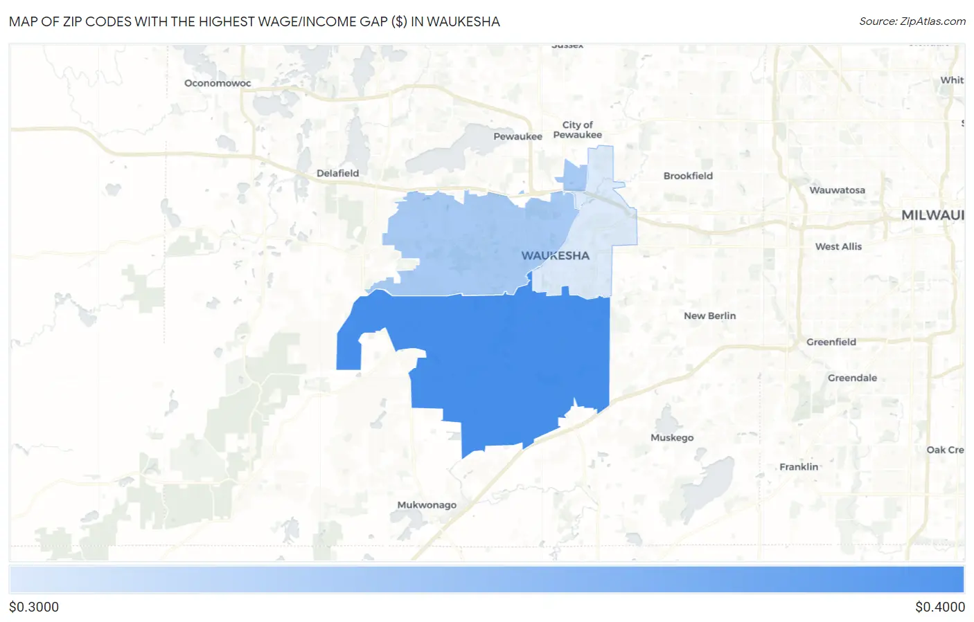 Zip Codes with the Highest Wage/Income Gap ($) in Waukesha Map