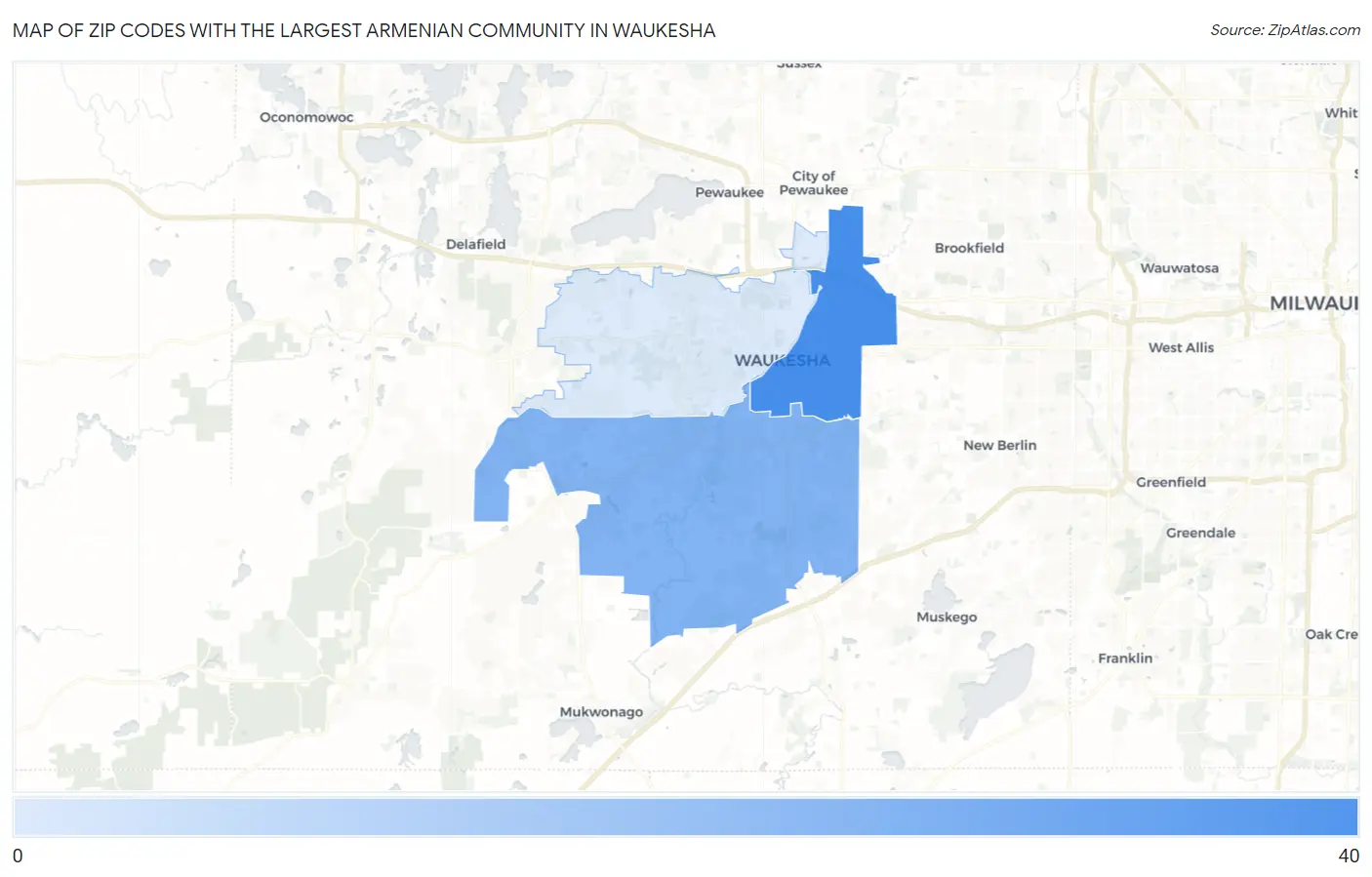 Zip Codes with the Largest Armenian Community in Waukesha Map