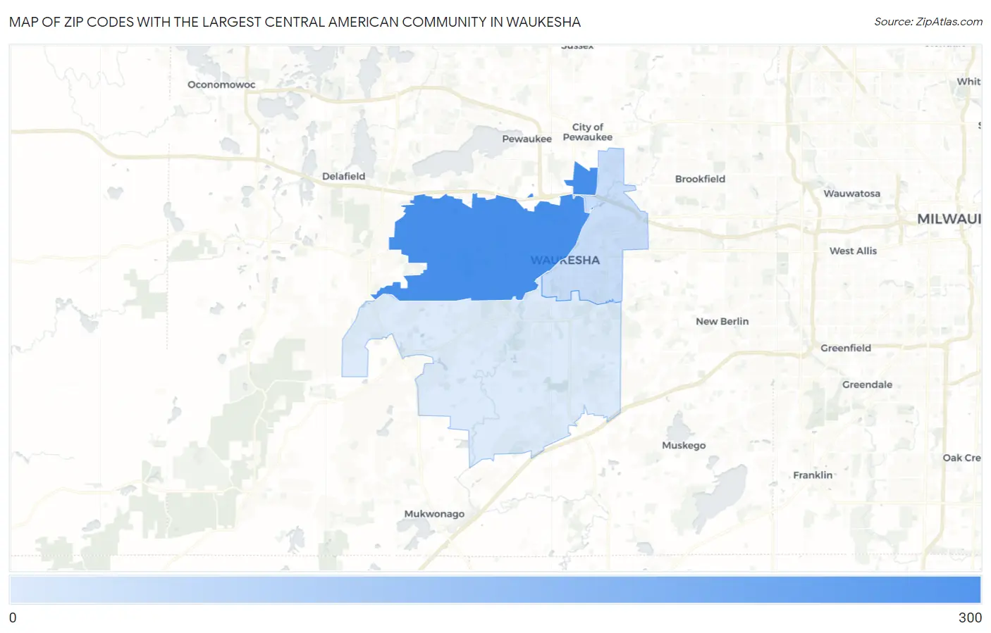 Zip Codes with the Largest Central American Community in Waukesha Map