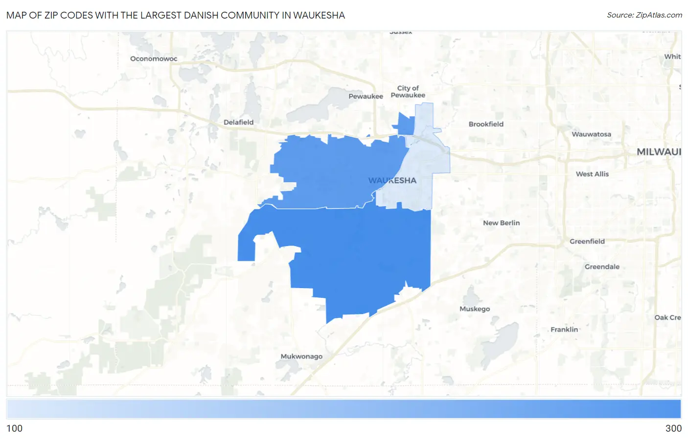 Zip Codes with the Largest Danish Community in Waukesha Map