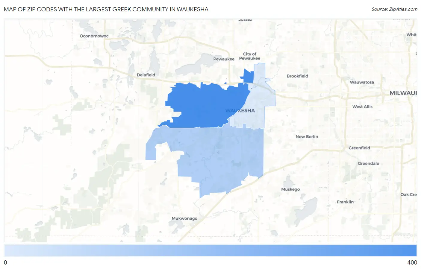 Zip Codes with the Largest Greek Community in Waukesha Map