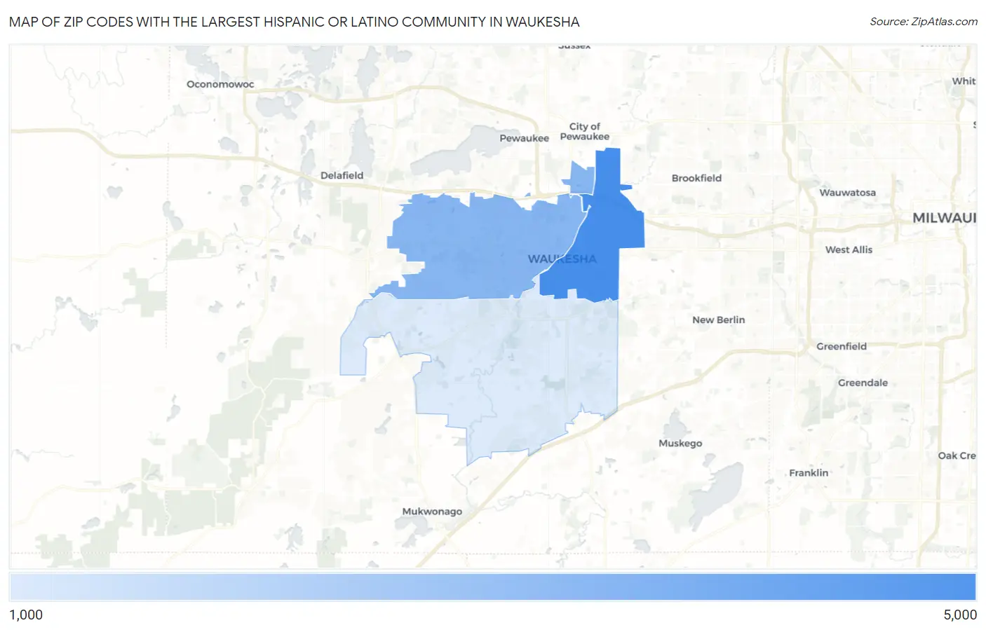 Zip Codes with the Largest Hispanic or Latino Community in Waukesha Map