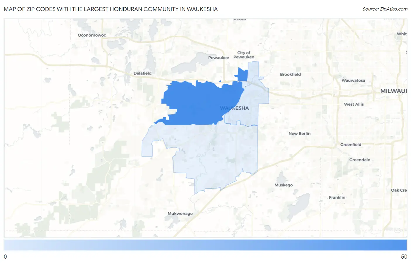 Zip Codes with the Largest Honduran Community in Waukesha Map