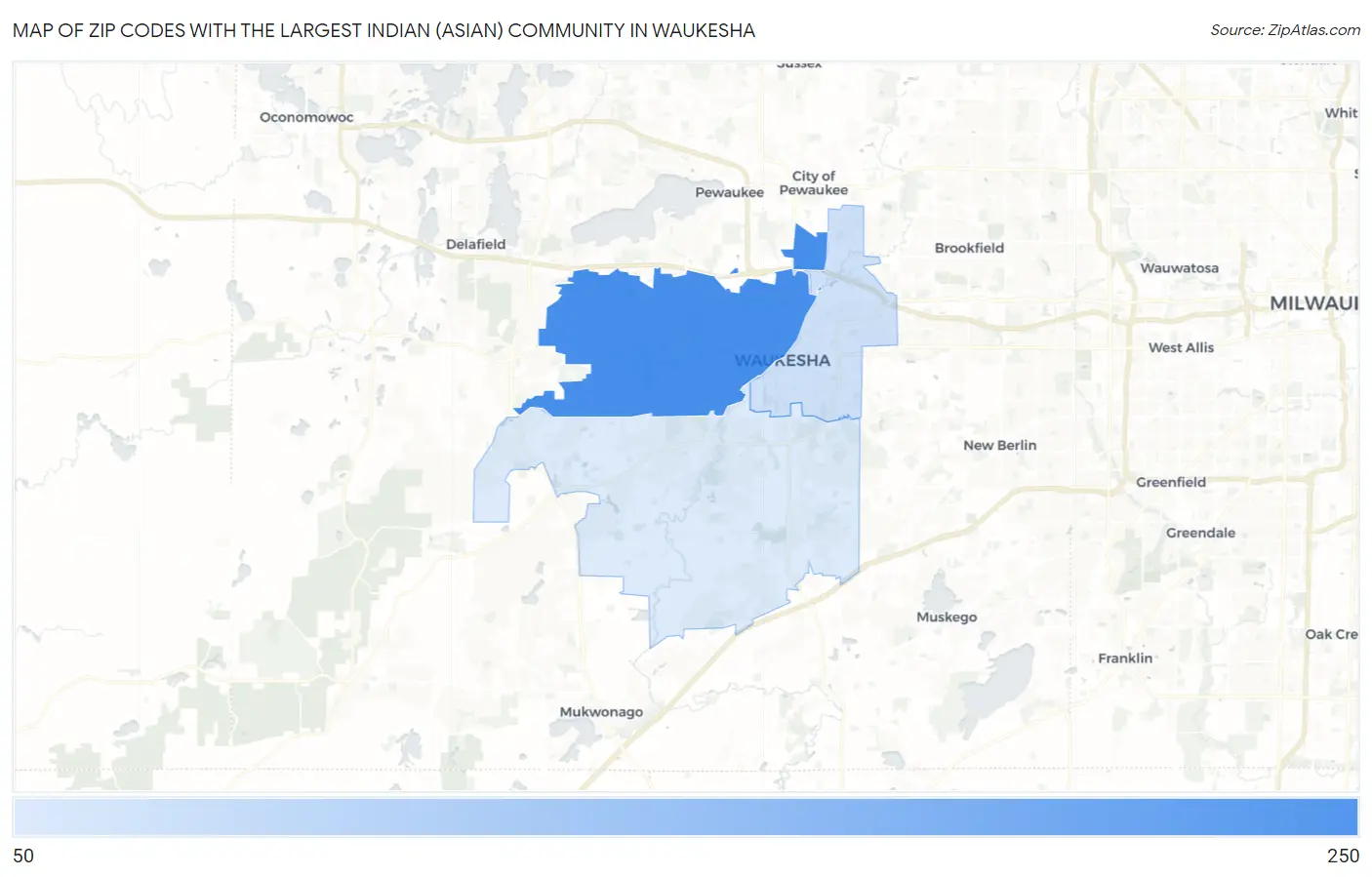 Zip Codes with the Largest Indian (Asian) Community in Waukesha Map