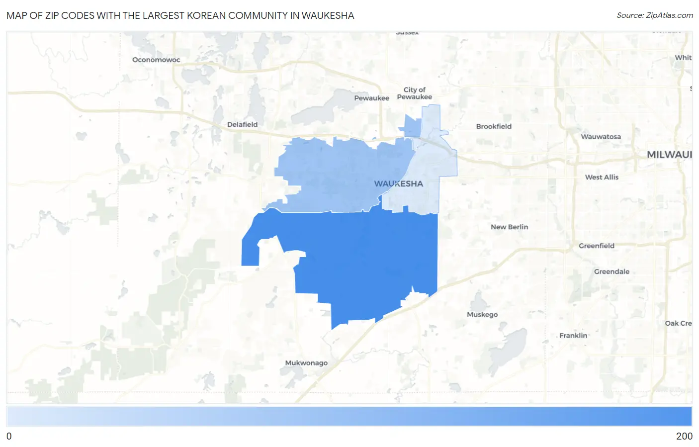 Zip Codes with the Largest Korean Community in Waukesha Map