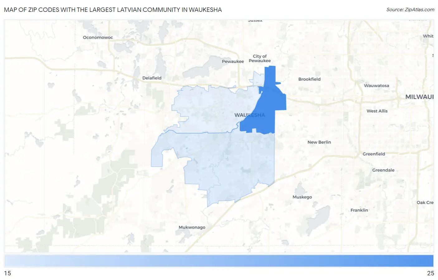 Zip Codes with the Largest Latvian Community in Waukesha Map