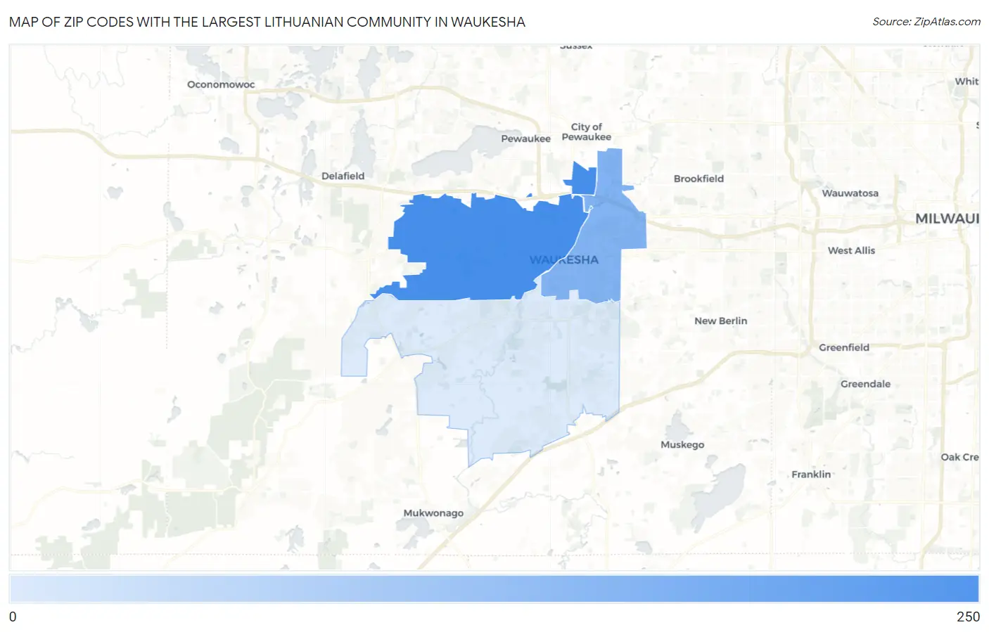 Zip Codes with the Largest Lithuanian Community in Waukesha Map