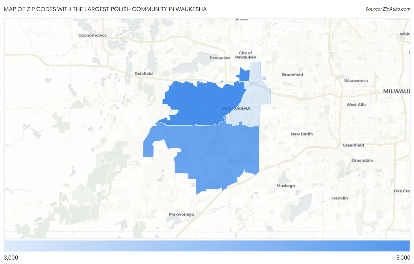 Zip Codes with the Largest Polish Community in Waukesha Map