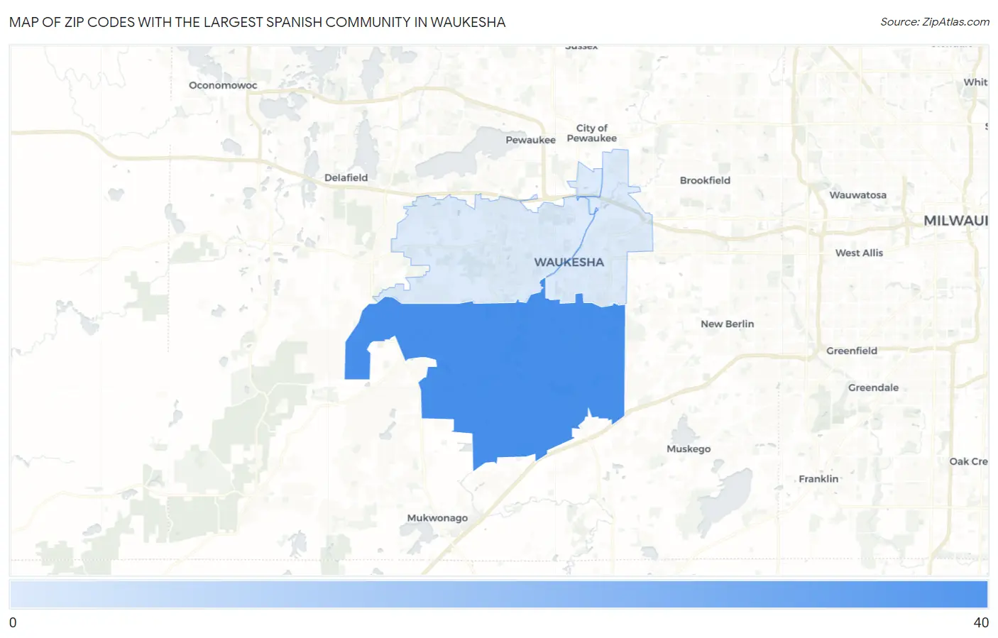 Zip Codes with the Largest Spanish Community in Waukesha Map