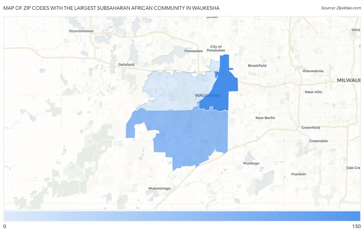 Zip Codes with the Largest Subsaharan African Community in Waukesha Map