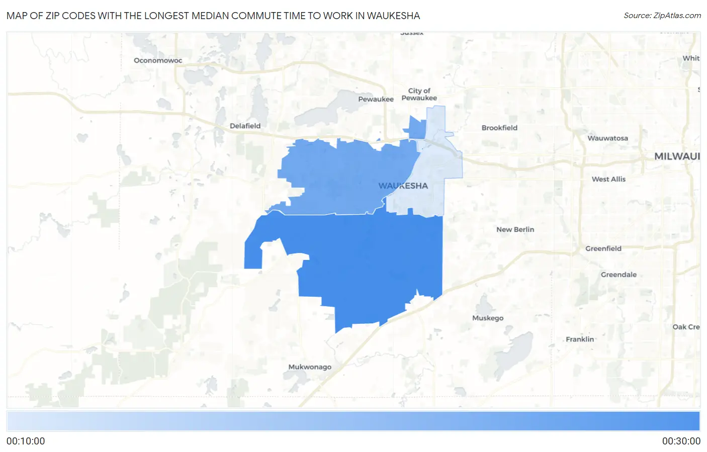 Zip Codes with the Longest Median Commute Time to Work in Waukesha Map