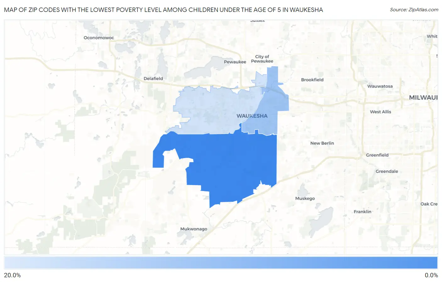Zip Codes with the Lowest Poverty Level Among Children Under the Age of 5 in Waukesha Map