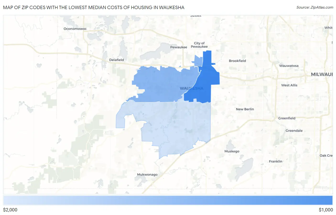 Zip Codes with the Lowest Median Costs of Housing in Waukesha Map