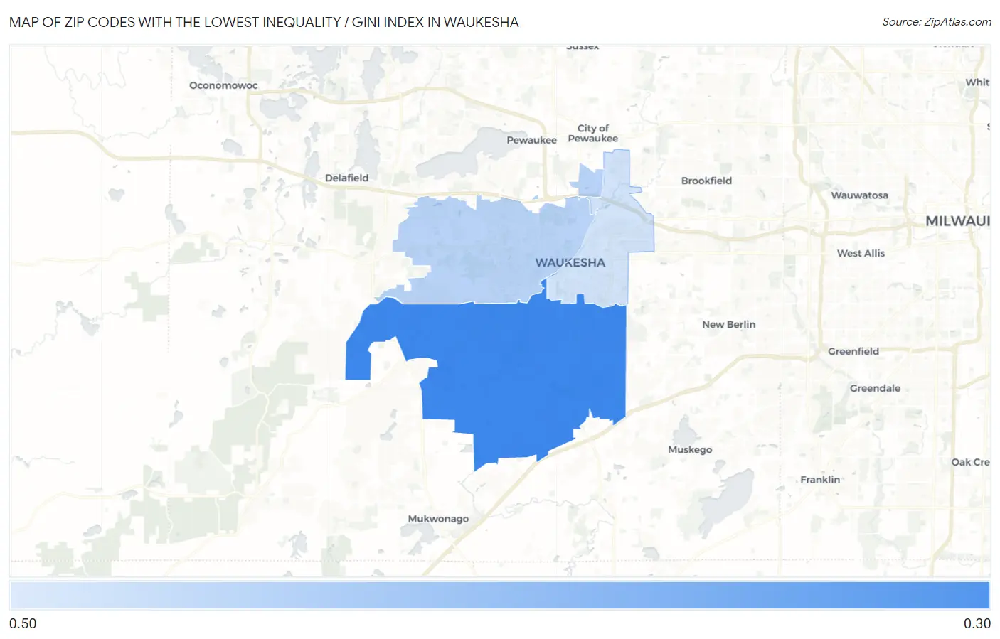 Zip Codes with the Lowest Inequality / Gini Index in Waukesha Map
