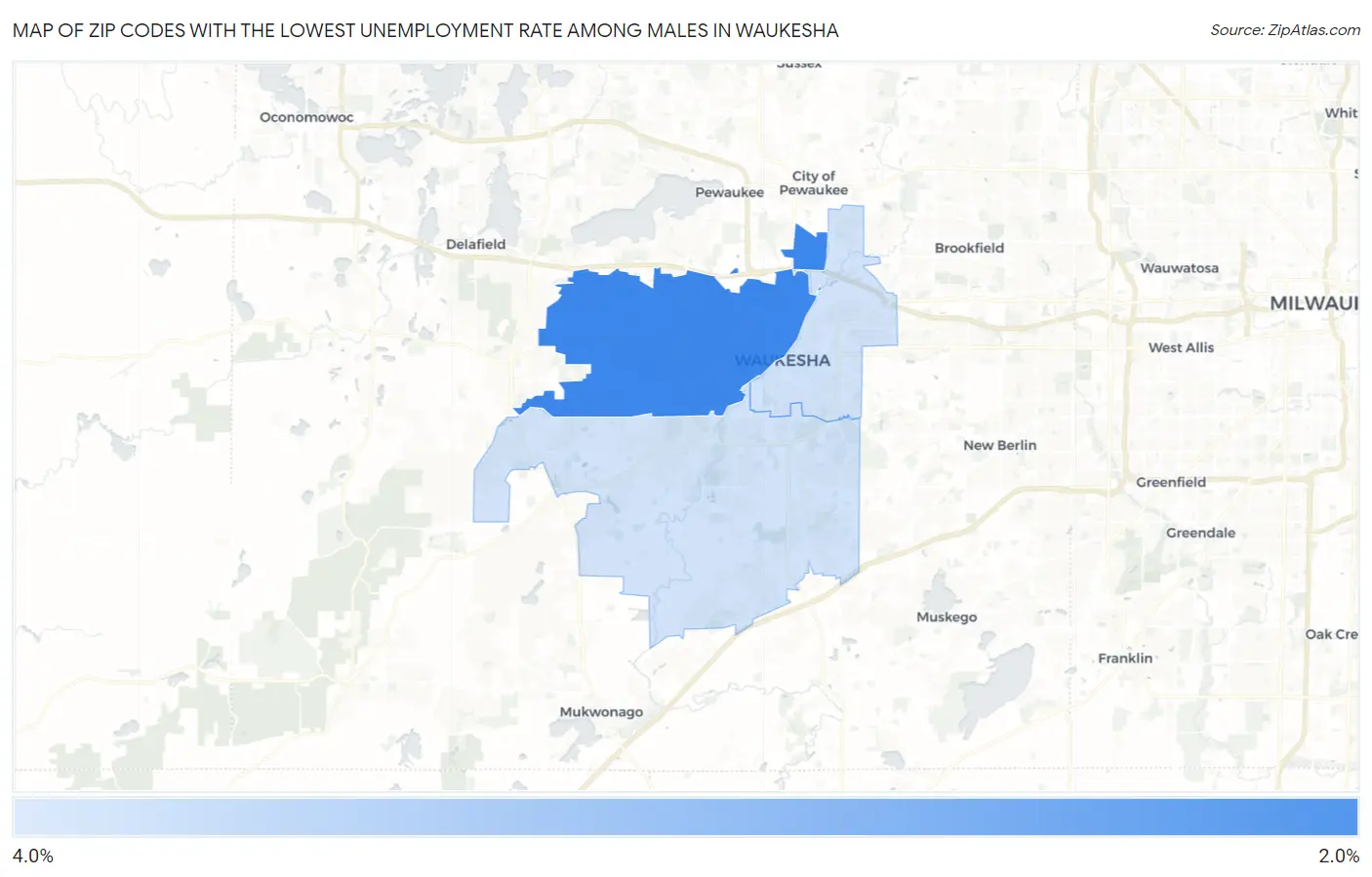 Zip Codes with the Lowest Unemployment Rate Among Males in Waukesha Map