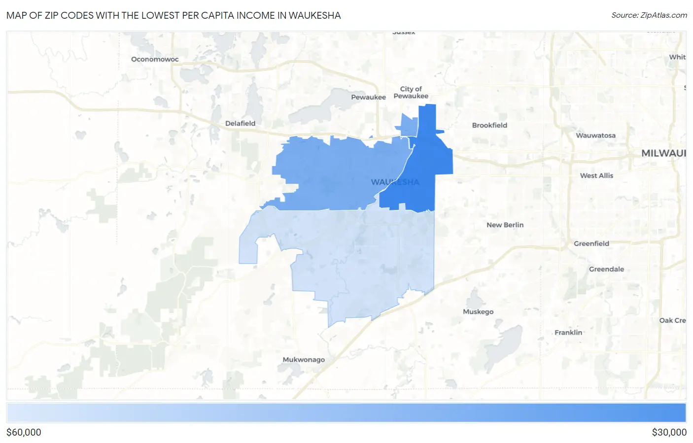 Zip Codes with the Lowest Per Capita Income in Waukesha Map