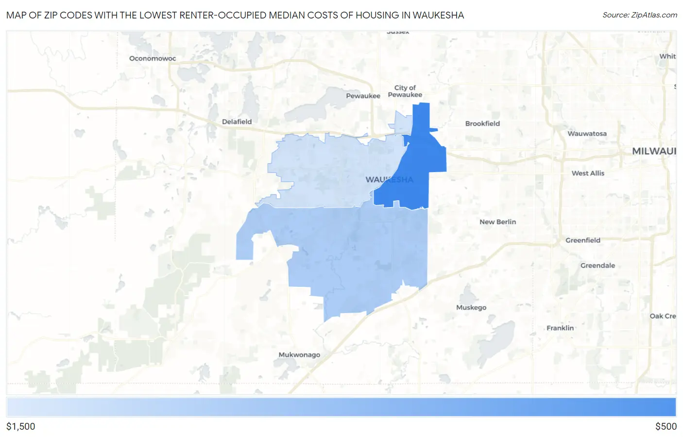 Zip Codes with the Lowest Renter-Occupied Median Costs of Housing in Waukesha Map