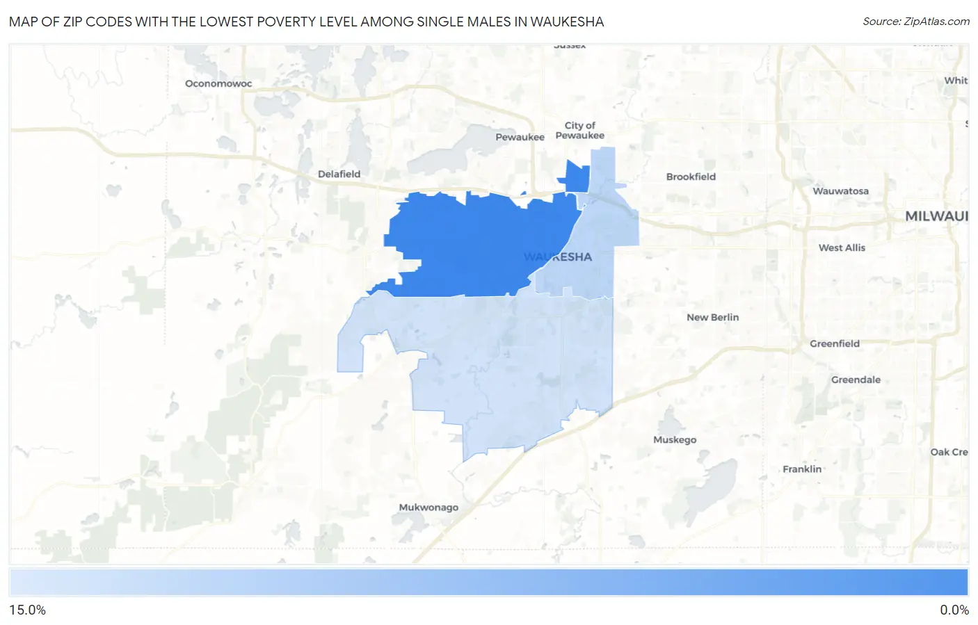 Zip Codes with the Lowest Poverty Level Among Single Males in Waukesha Map