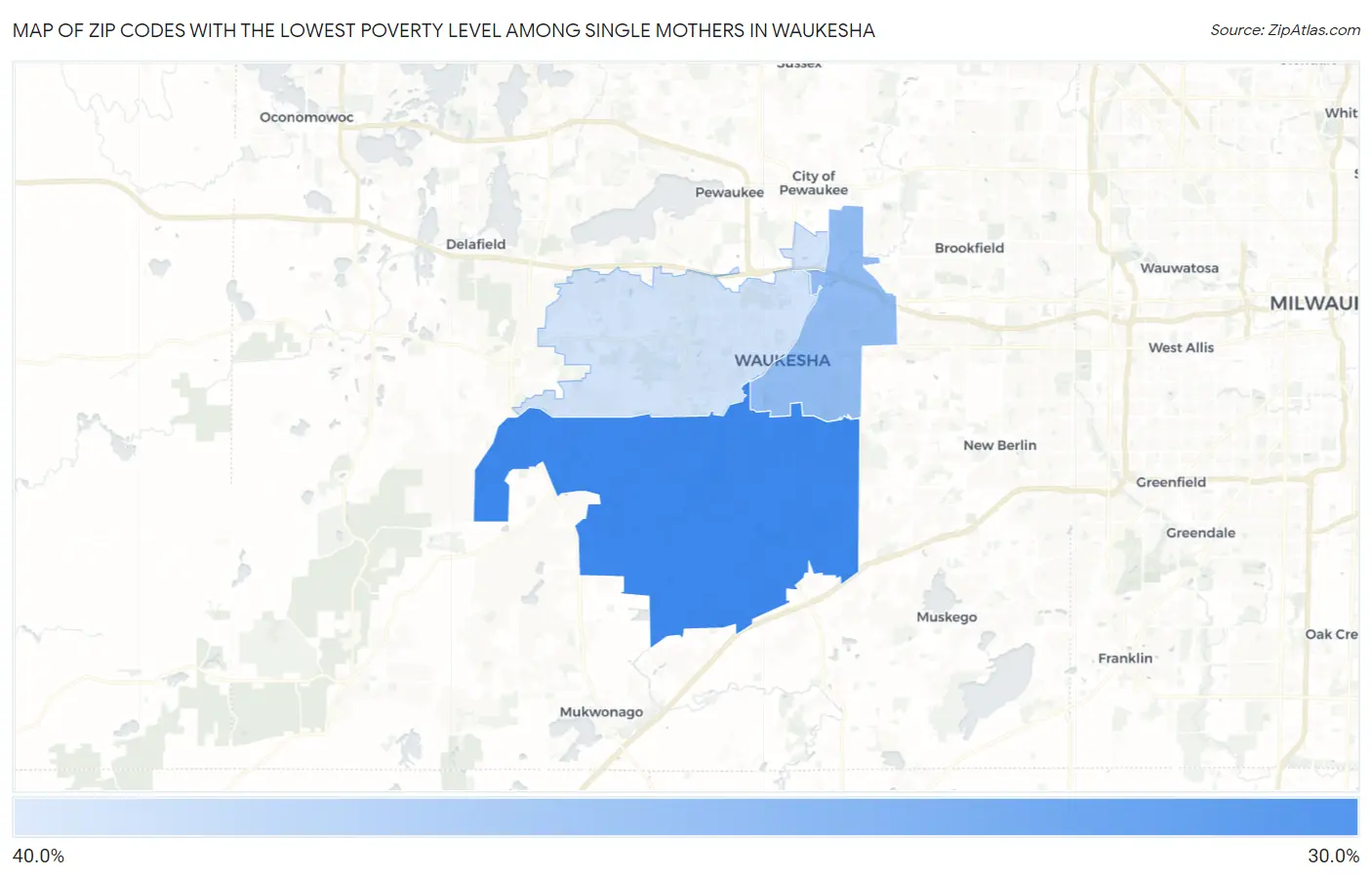 Zip Codes with the Lowest Poverty Level Among Single Mothers in Waukesha Map